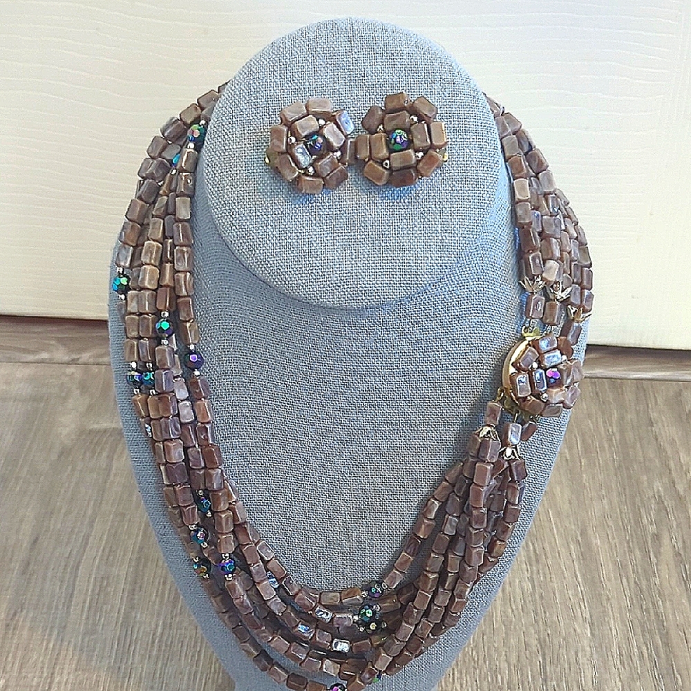 Vintage Hong Kong Lucite Multi Strand Necklace Earrings Set
